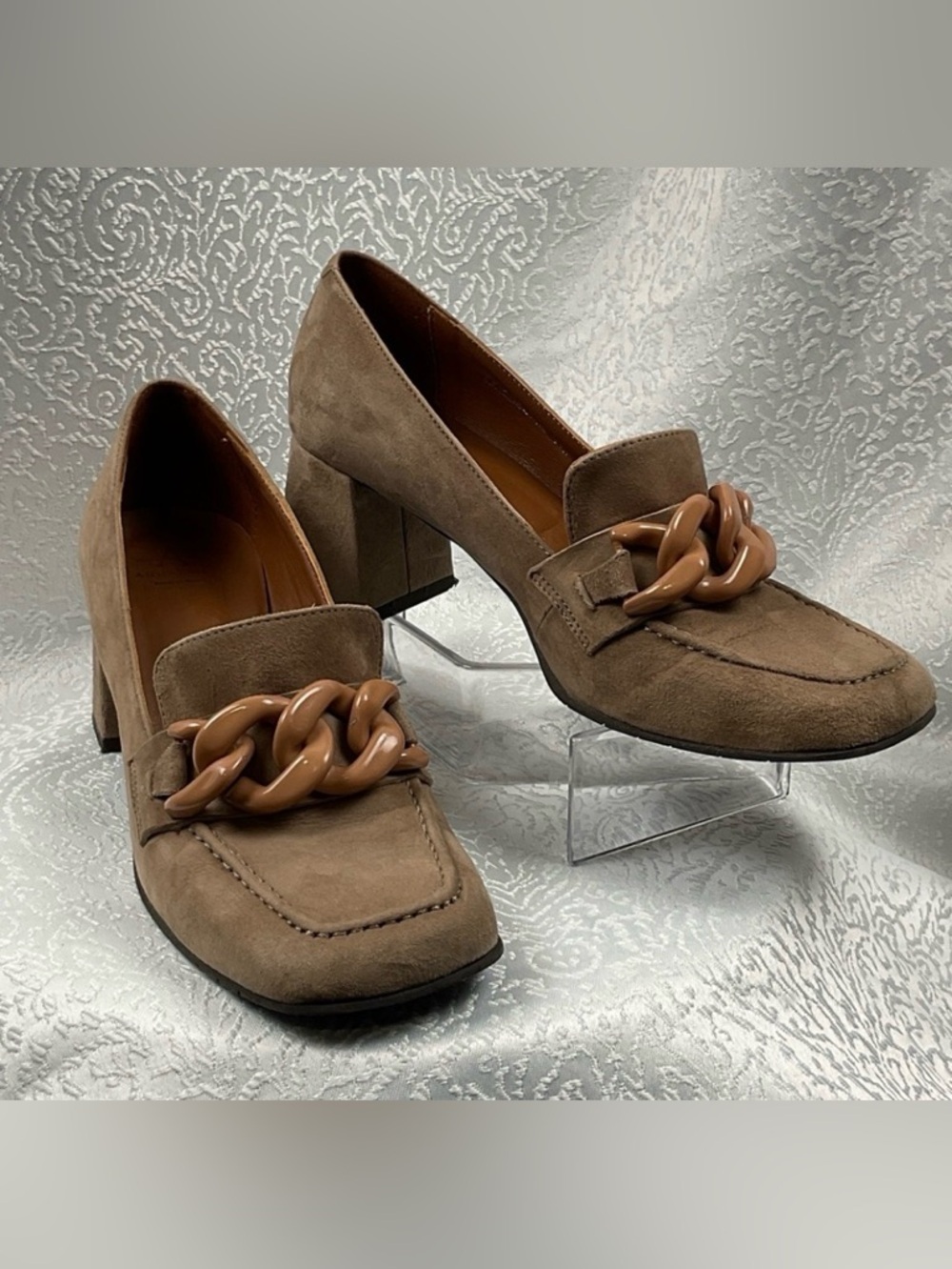 Aquatalia Cathie Chain‎ Taupe Suede Block Heel Loafers
